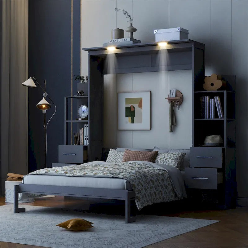 Murphy-Bett mit Regalen, Schubladen und LED-Beleuchtung
